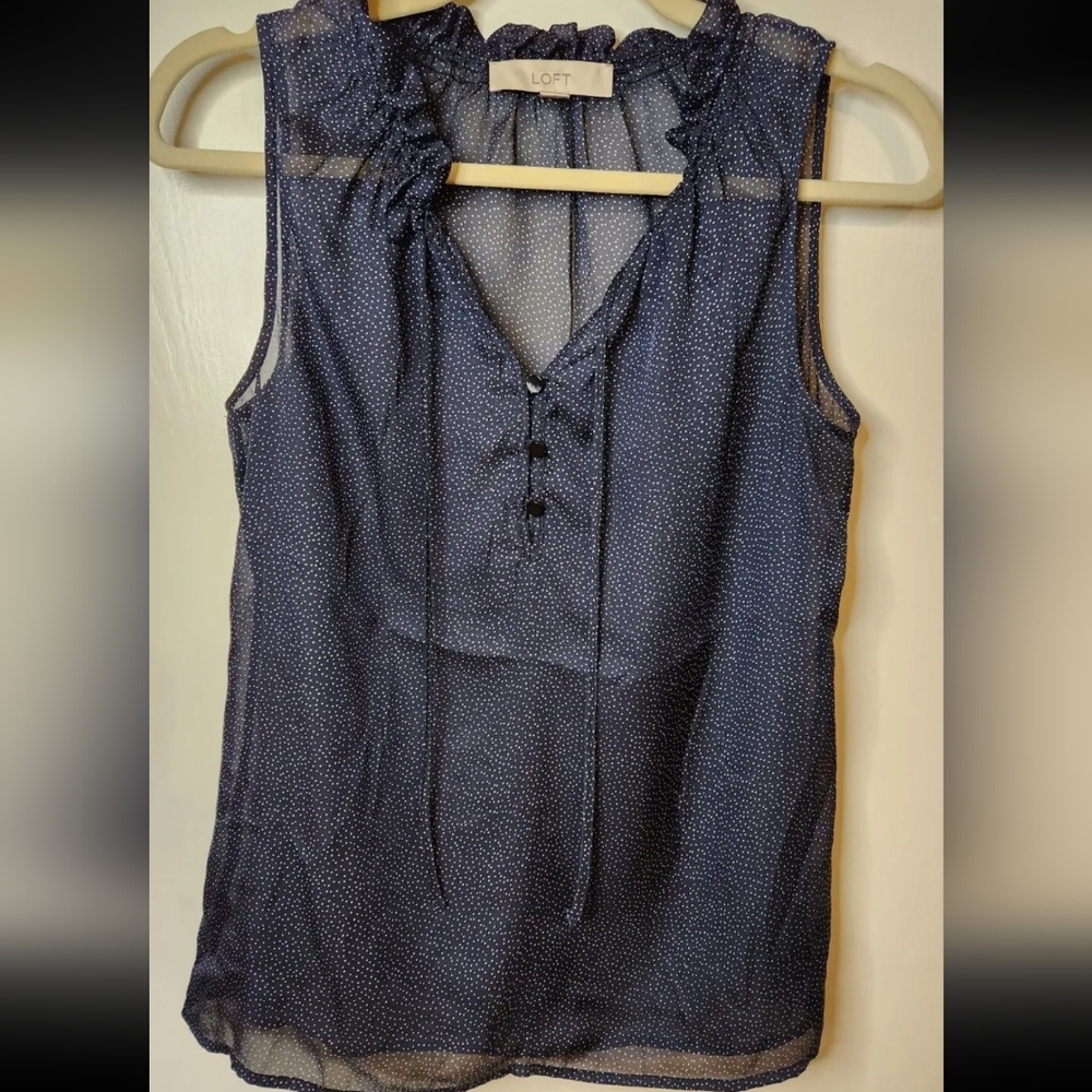 LOFT Sheer Blouse Tank, Ruffle Collar, Navy With Dots, Small